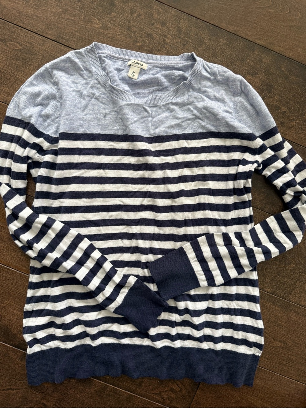 L.L. Bean Navy and Light Blue Striped Crewneck Sweater